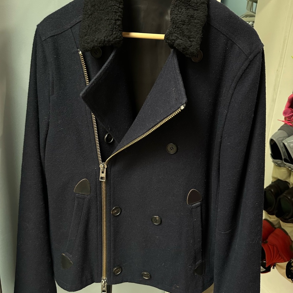 Allsaints Double-Breasted Navy Moto Peacoat with Black Collar